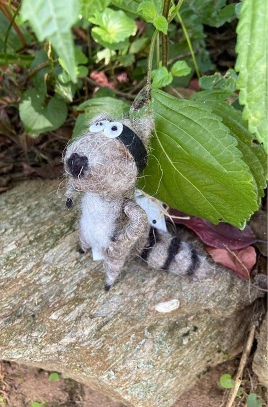 Silver Tree Wooly masked Raccoon Felted Hanging Ornament